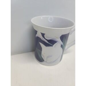 Vintage White Cat and Calla Lily Ceramic Coffee Mug Navy Blue Floral Kitty Cup